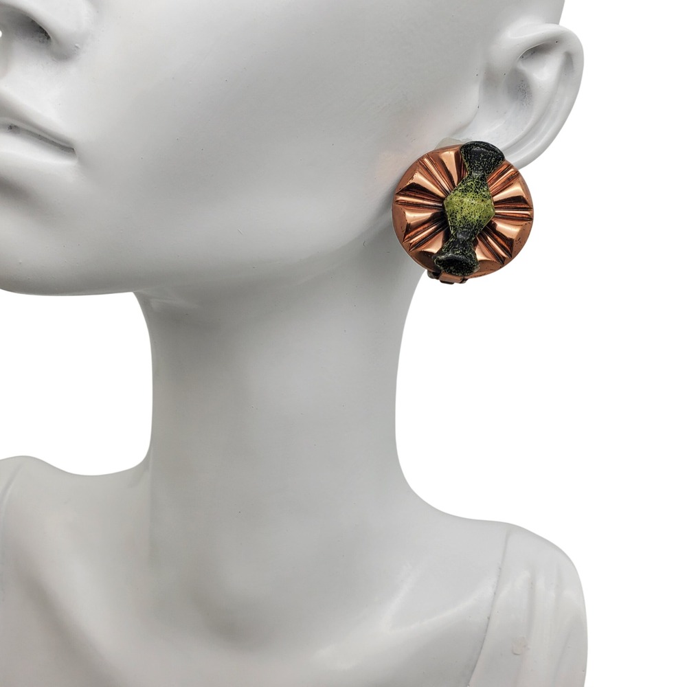 Matisse Renoir Clip On Earrings Copper Green Enamel Sunburst Flower Mid Century